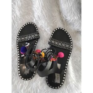 Steve Madden Black Embellished Pom Pom Lace Up Gladiator Sandals Women Size 6